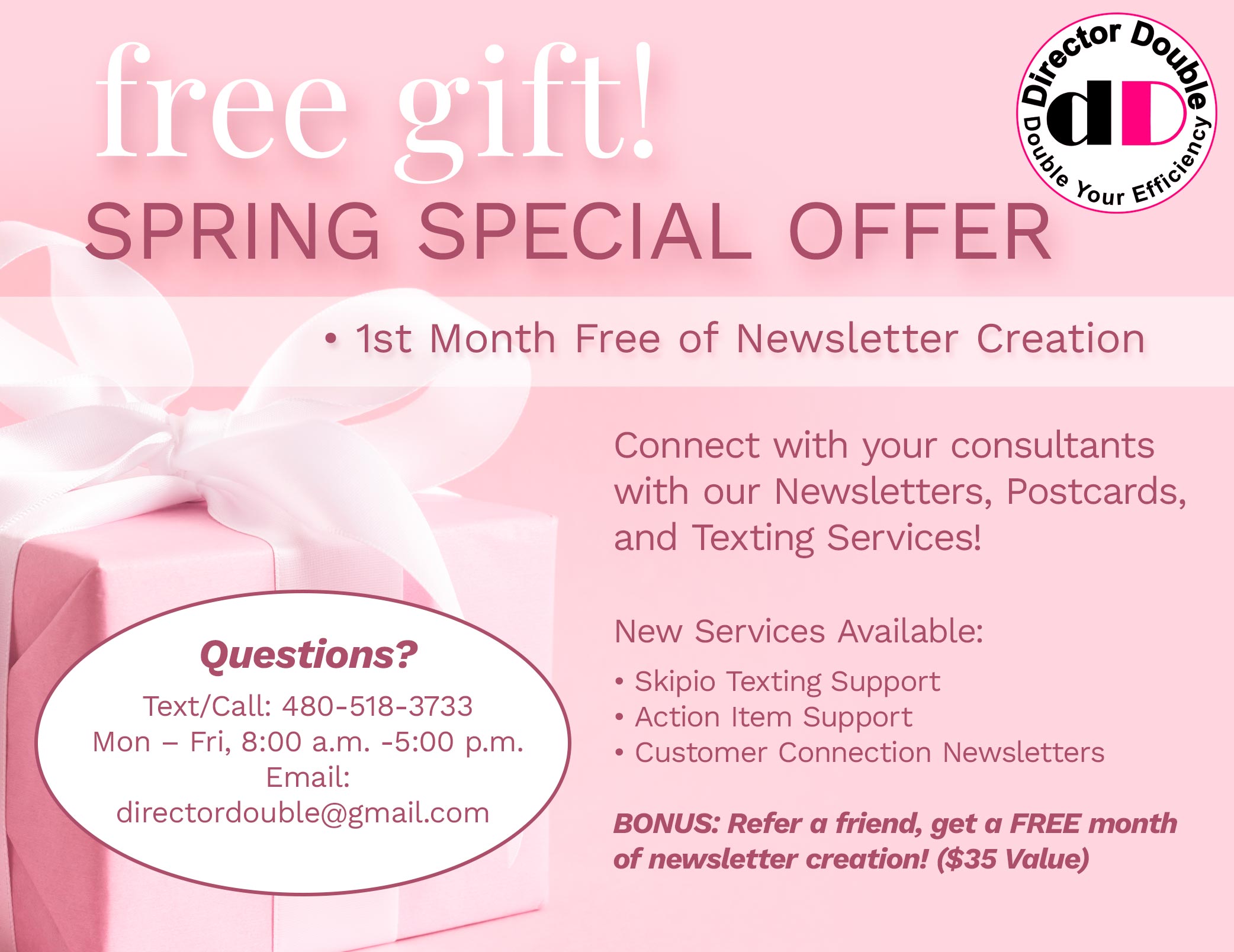 Jen Coffey presents DirectorDouble.com Spring Special Offer - Your Assistant for Newsletters and Postcards for your Mary Kay business